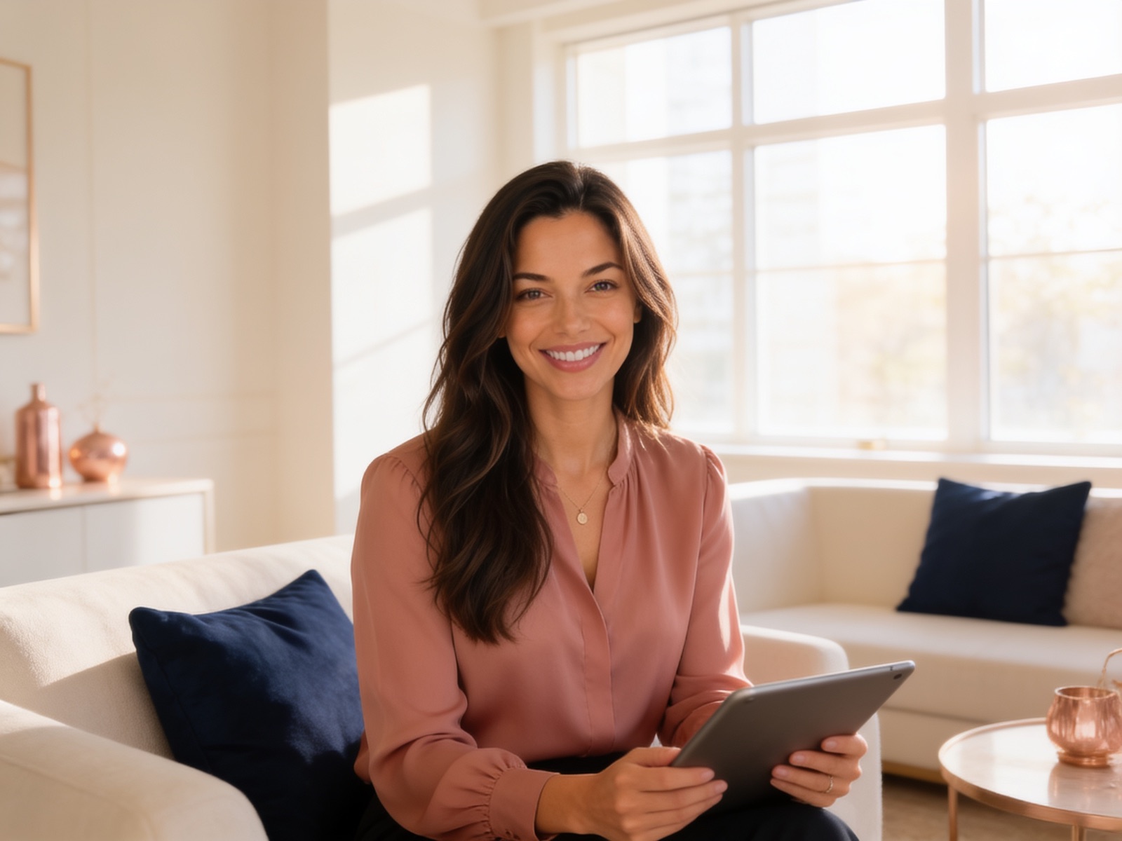 Gia, your personal Glonari AI, in a bright Glonari home living room