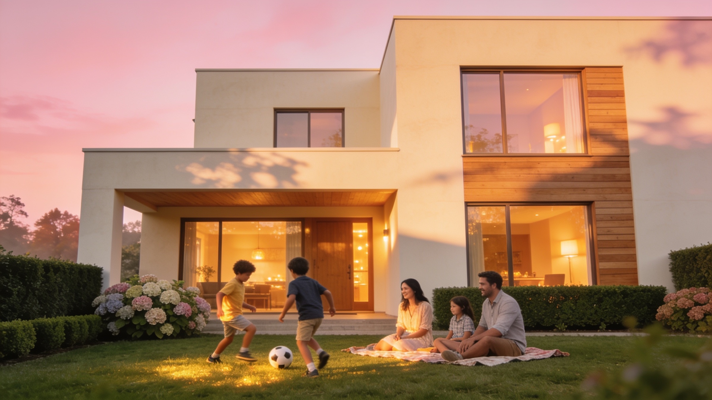A contemporary family home at golden hour, family relaxing on the lawn