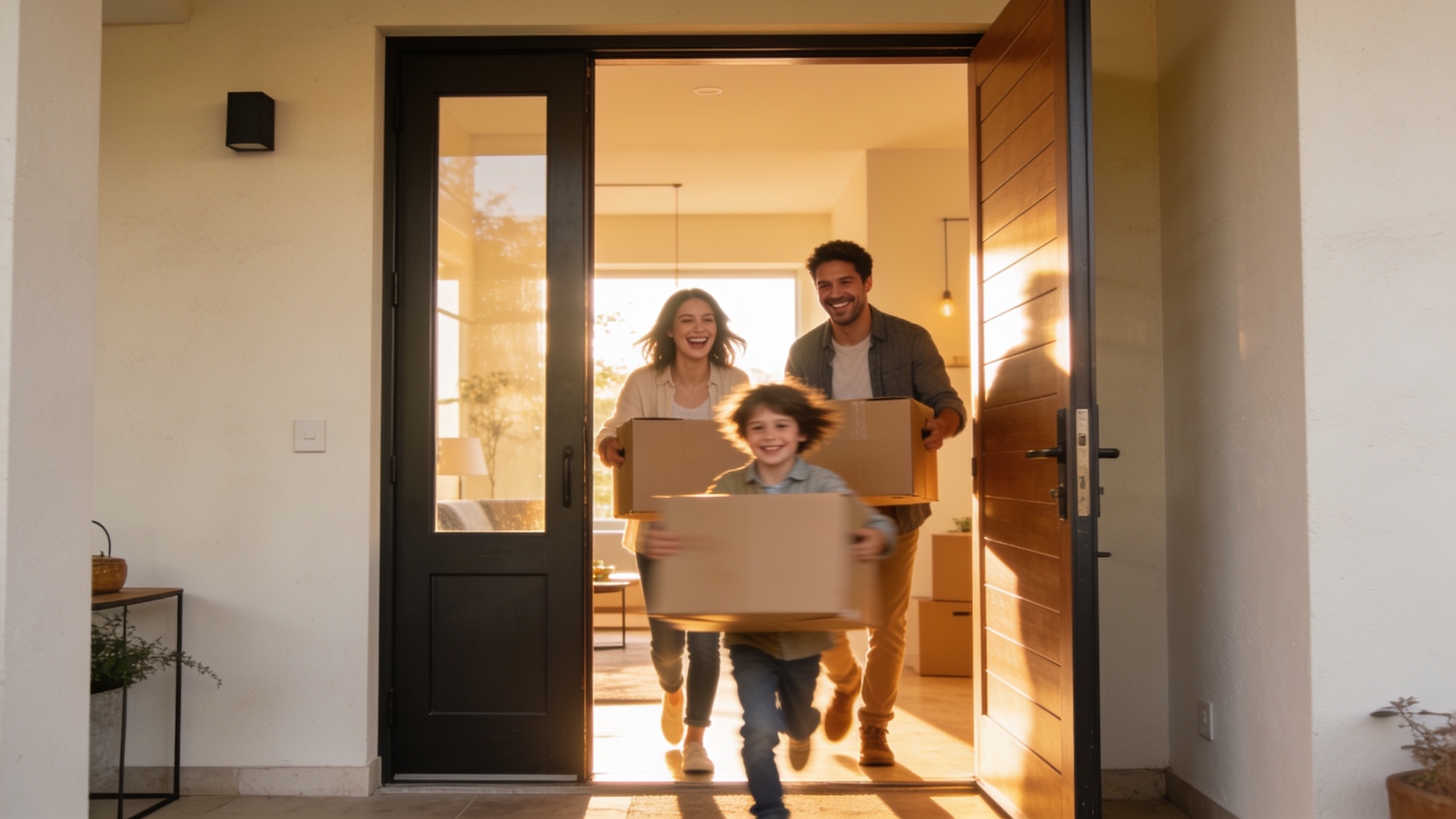 A family carrying boxes into their sunlit new Glonari home